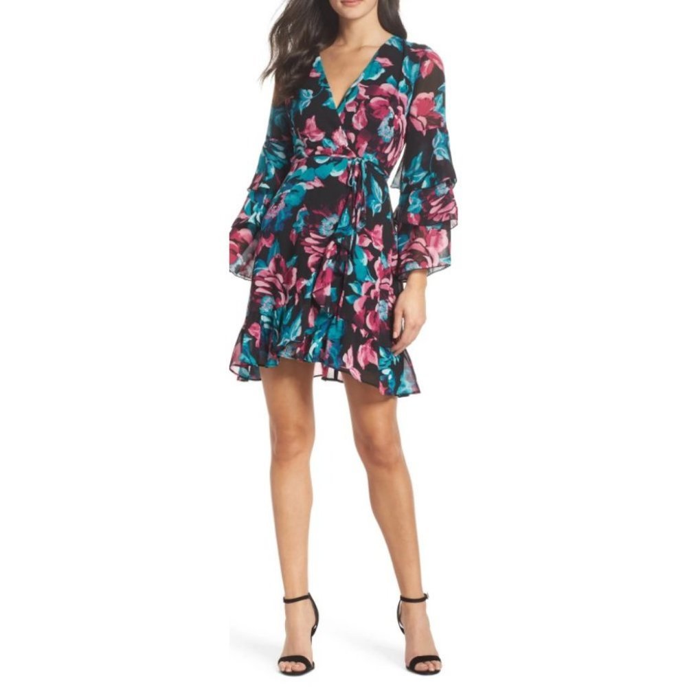New Nordstrom Ruffle Bell Sleeve Tiered Floral Mini Dress Size Xs Charles Henry